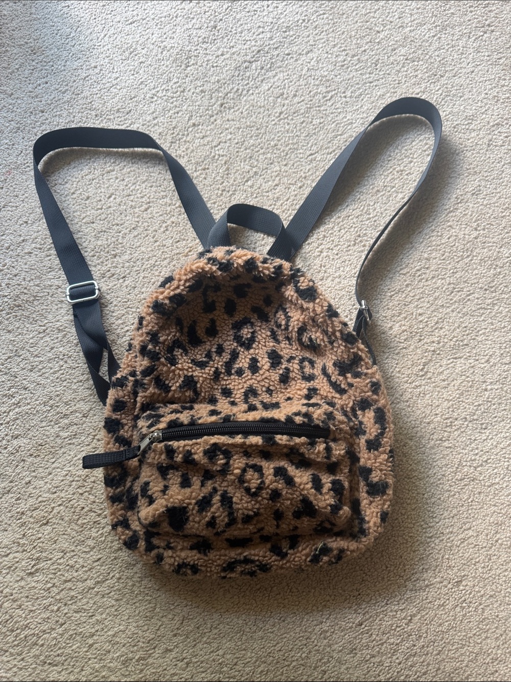 Leopard Sherpa Teddy Mini Backpack Brown Black Adjustable Straps